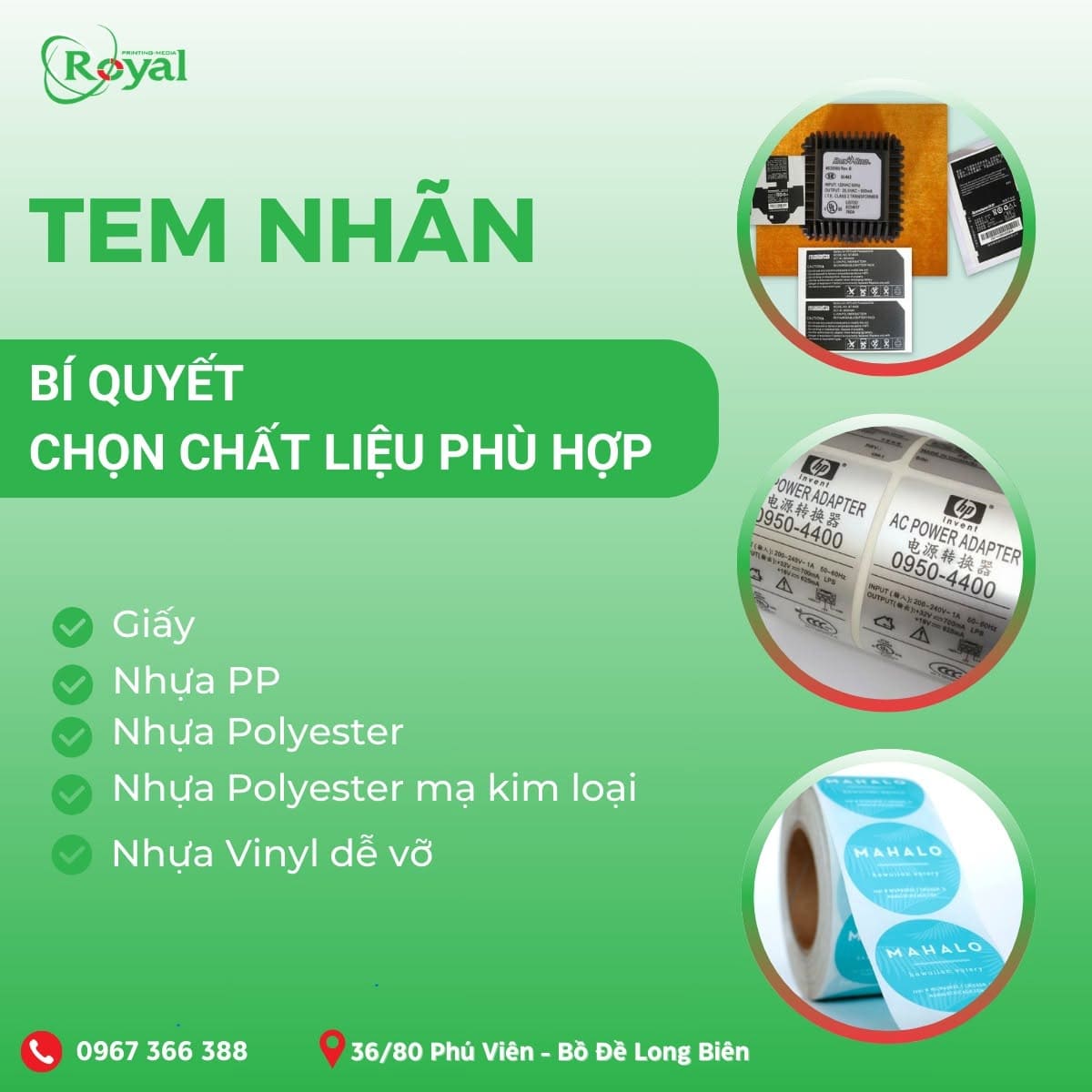 Bảng chất liệu in tem nh&atilde;n d&aacute;n sản phẩm theo y&ecirc;u cầu tại In Royal