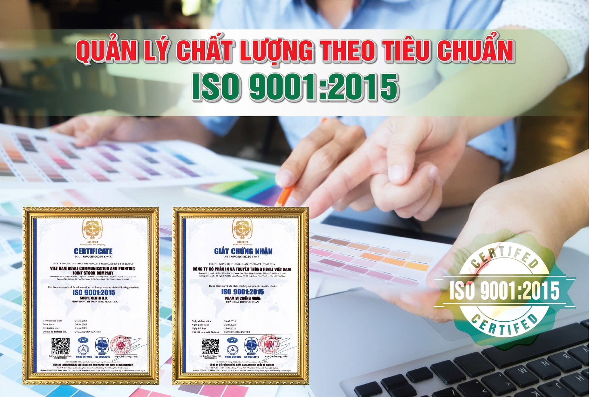 Chứng nhận ti&ecirc;u chuẩn chất lượng ISO 9001 2015 xưởng In Royal