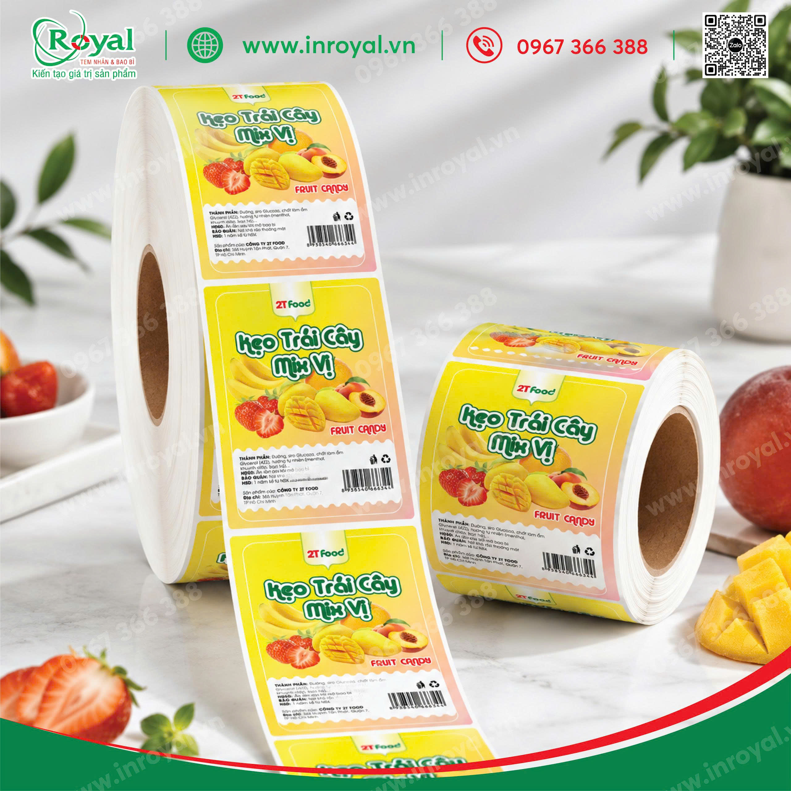 Cuộn tem nh&atilde;n d&aacute;n hộp kẹo tr&aacute;i c&acirc;y 2T Food