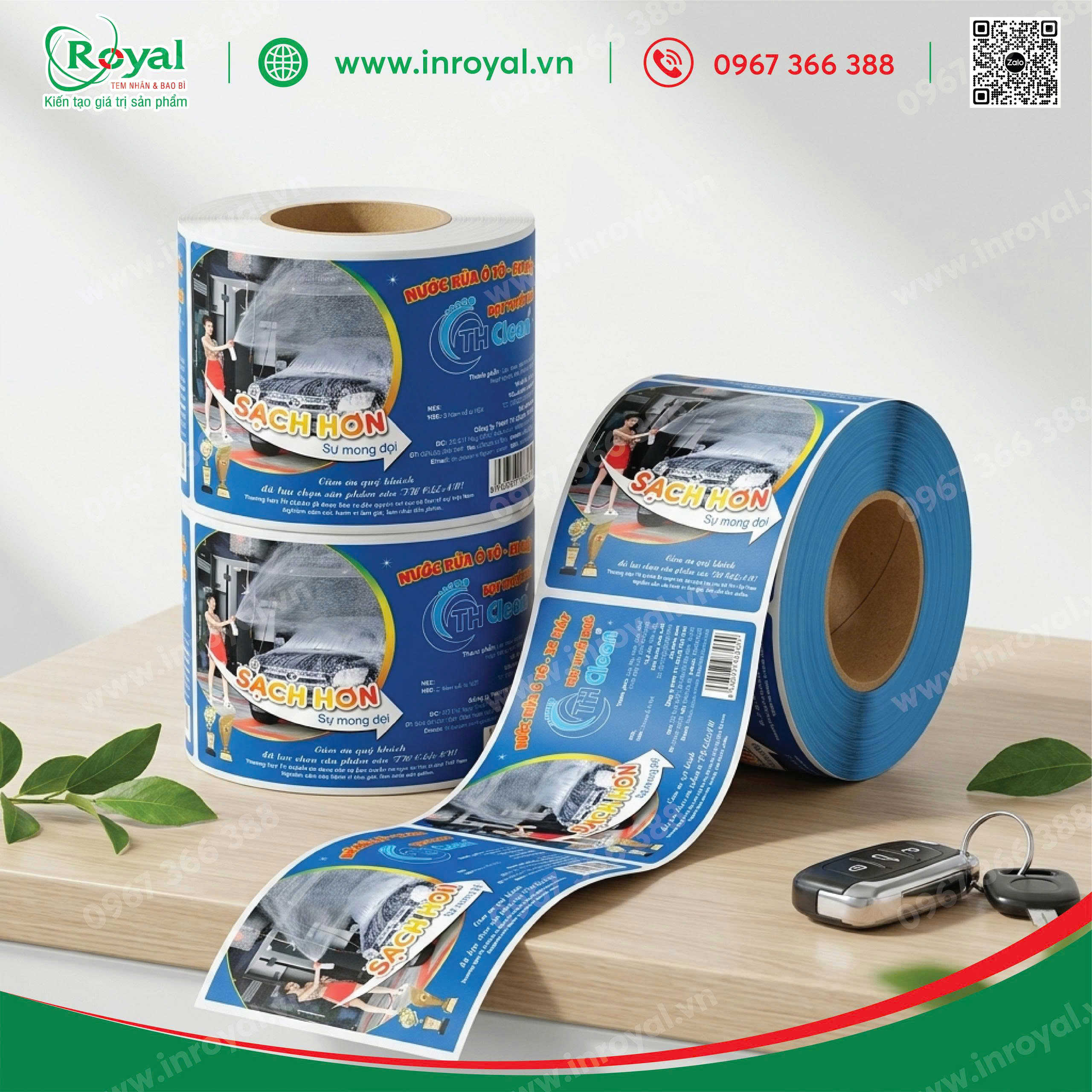 Cuộn tem nh&atilde;n d&aacute;n chai nước rửa xe TH Clean