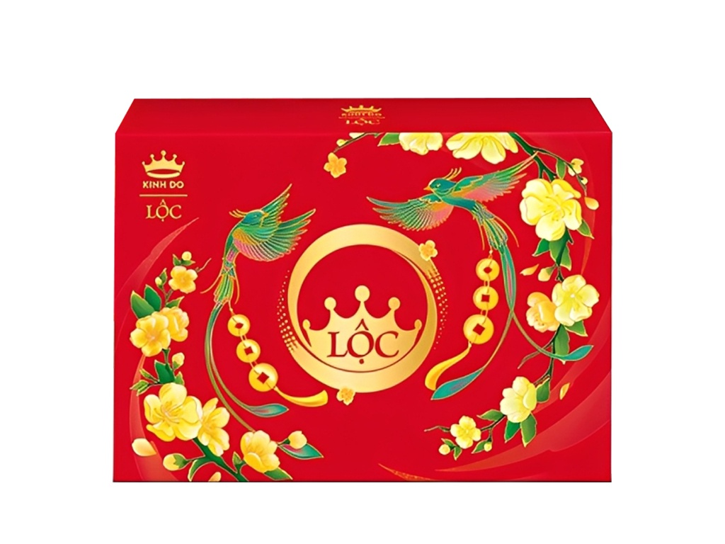 Mẫu in hộp giấy quà Tết Kinh Đô Lộc màu đỏ ép kim vàng sang trọng