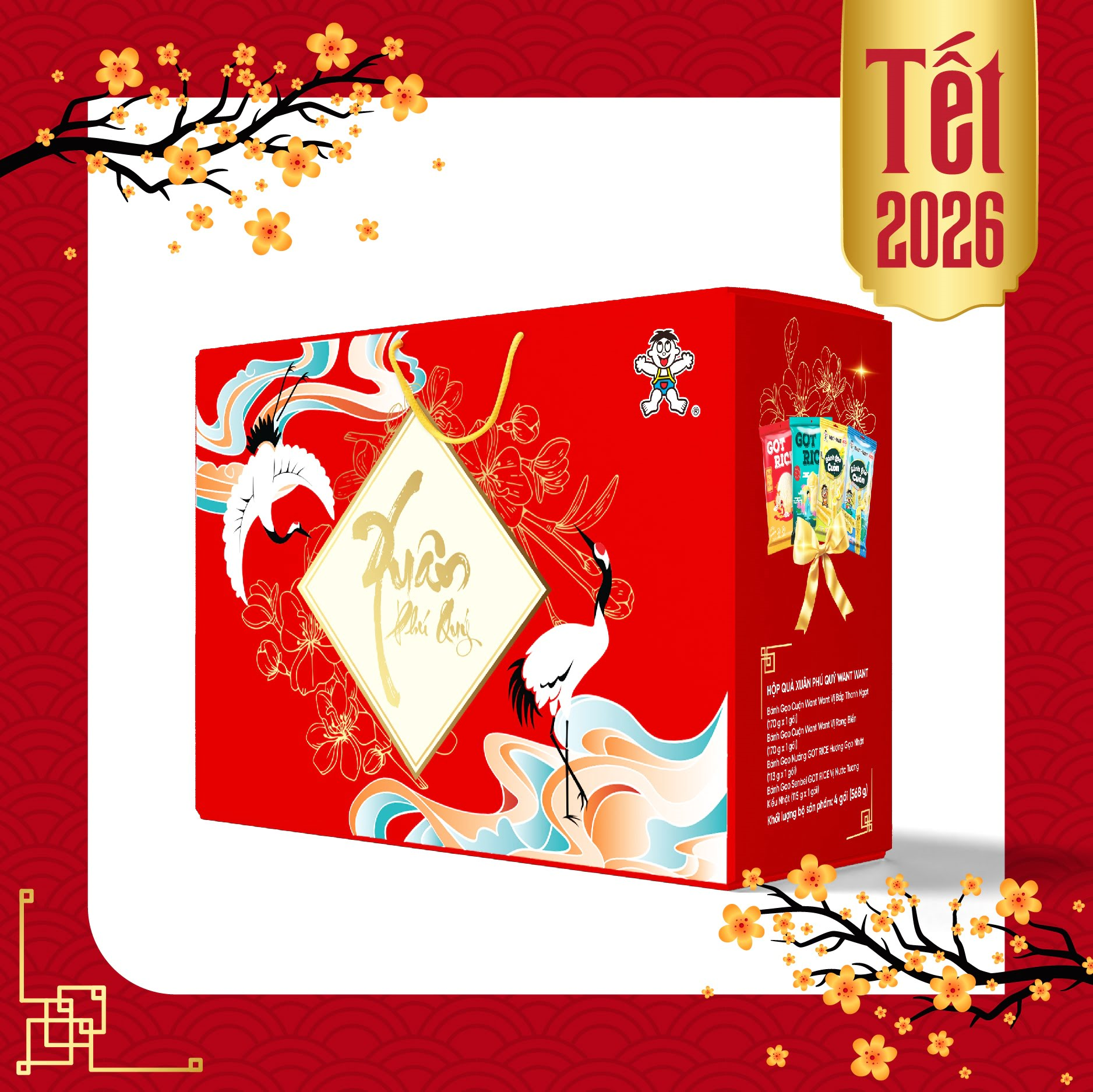 Mẫu in hộp giấy quà Tết Want Want màu đỏ họa tiết chim hạc
