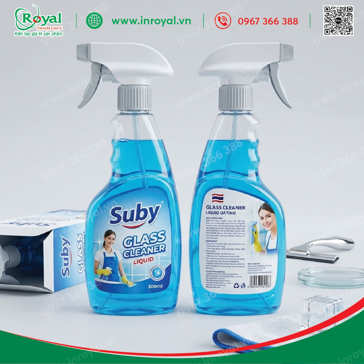 Tem decal d&aacute;n chai xịt nước lau k&iacute;nh Suby