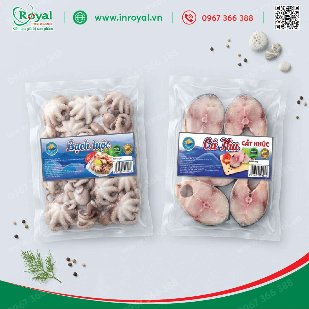 Tem nh&atilde;n d&aacute;n bao b&igrave; hải sản đ&ocirc;ng lạnh h&uacute;t ch&acirc;n kh&ocirc;ng