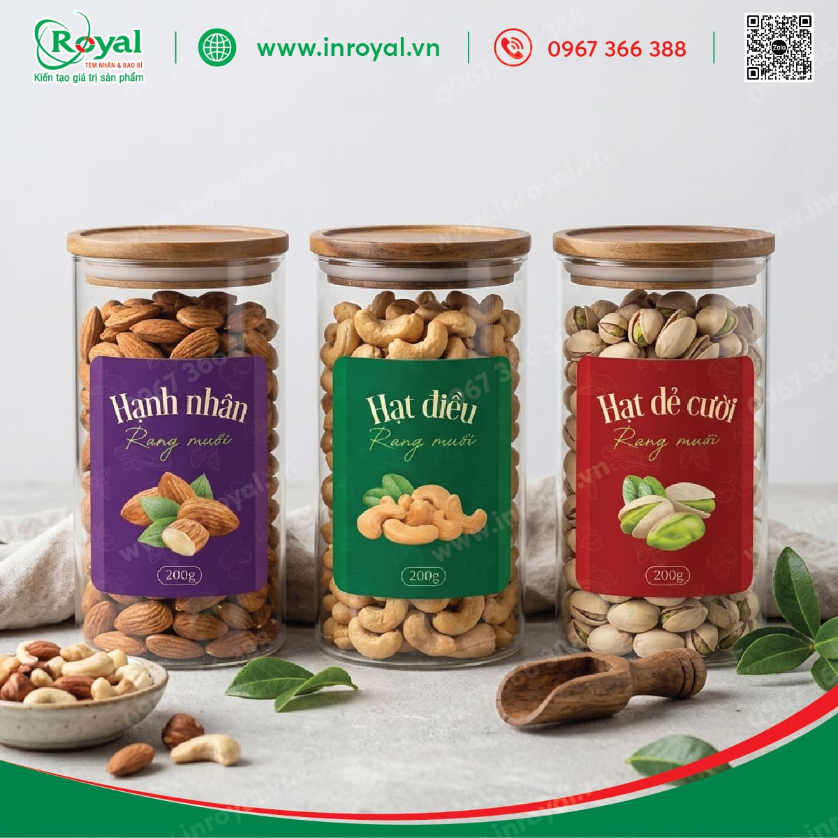 Mẫu in tem nh&atilde;n hũ thủy tinh nắp gỗ đựng hạt dinh dưỡng