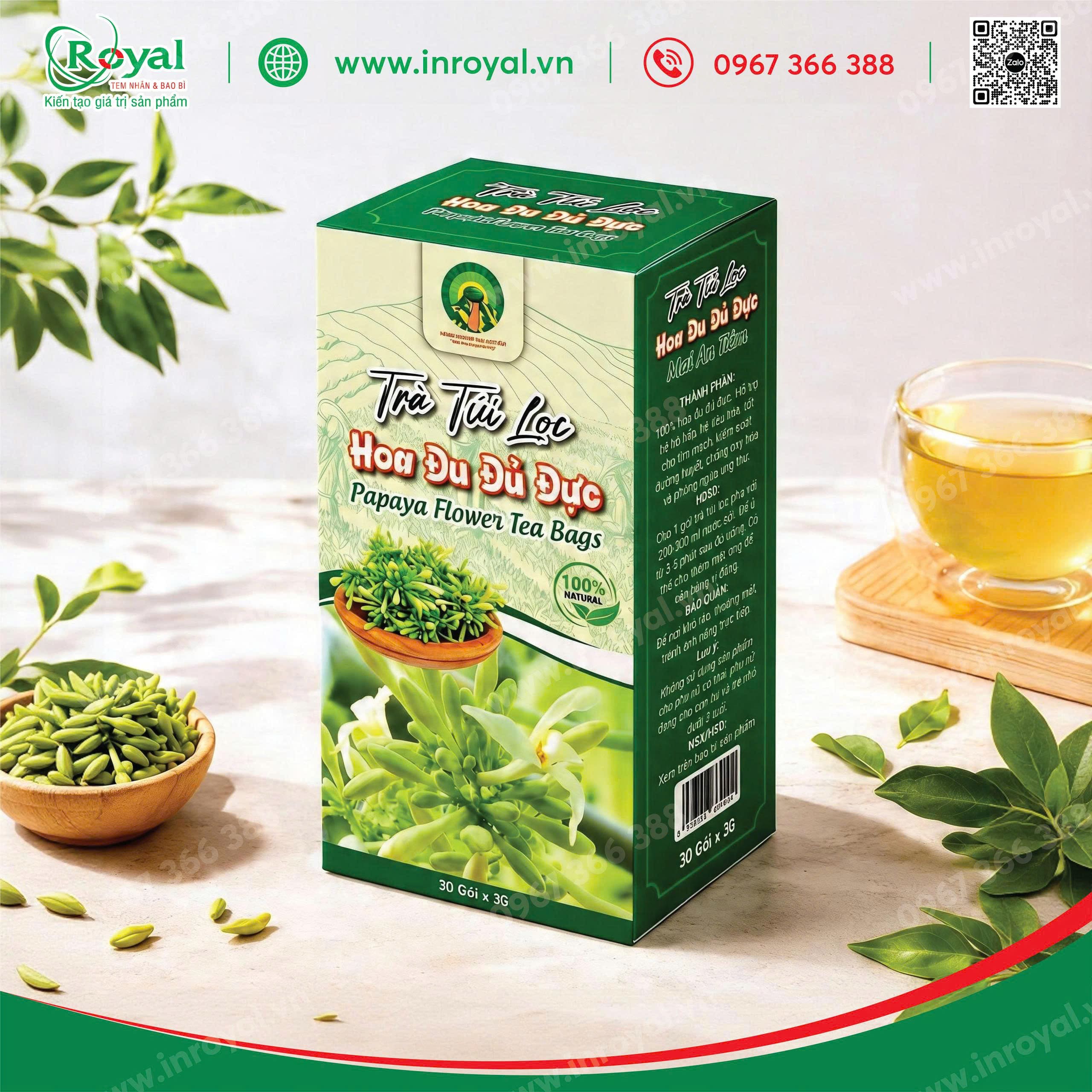 Bao b&igrave; hộp giấy đựng tr&agrave; thảo mộc hoa đu đủ đực Mai An Ti&ecirc;m