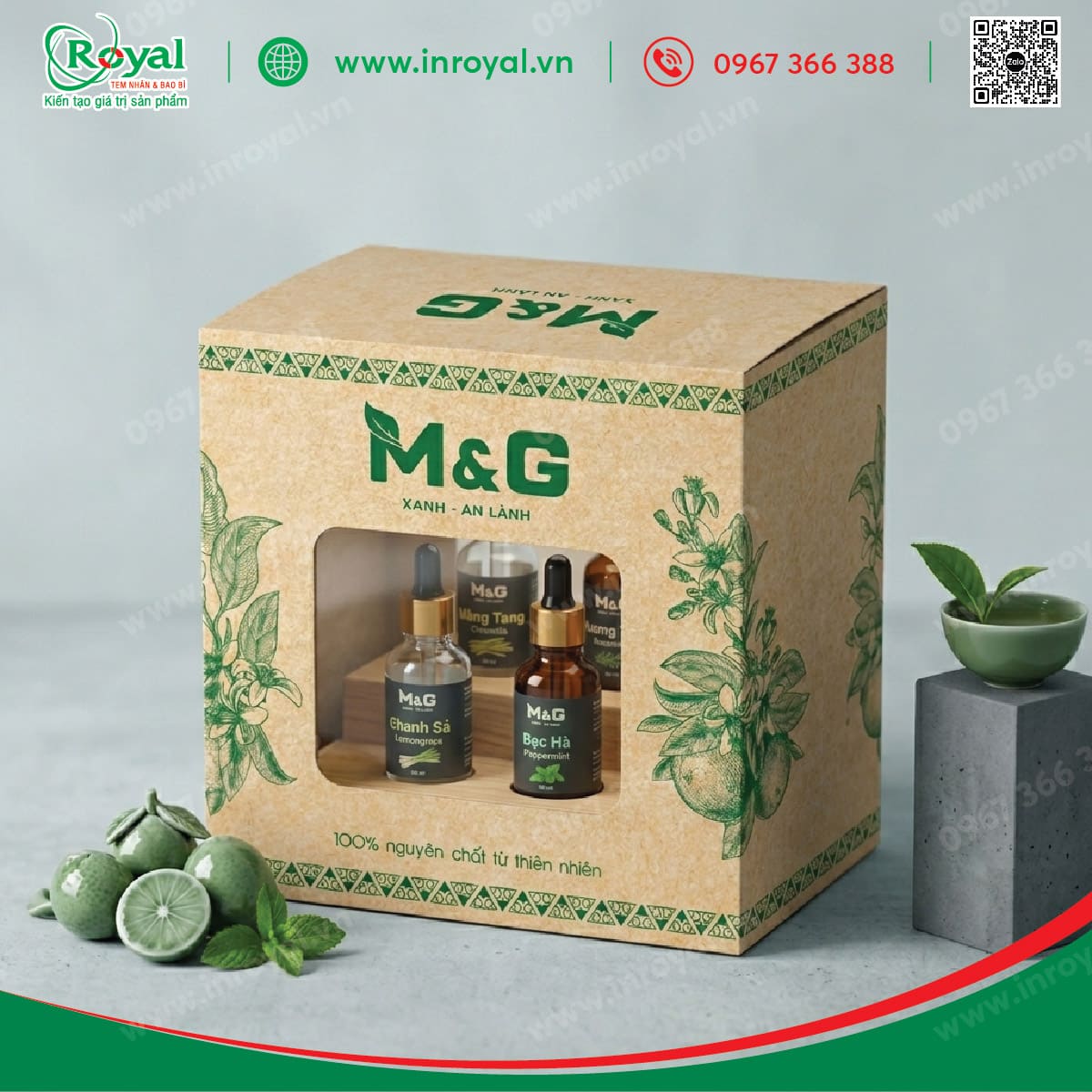 Hộp giấy carton bồi kraft khoét ô cửa sổ nhìn rõ chai tinh dầu bên trong